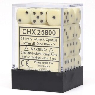 Chessex: Ivory w/black Opaque 12mm d6 Dice Block (36 Dice)