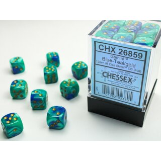 Chessex: Blue-Teal w/gold Gemini? 12mm d6 with pips Dice Blocks? (36 Dice)