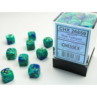 Chessex: Blue-Teal w/gold Gemini™ 12mm d6 with pips Dice Blocks™ (36 Dice)