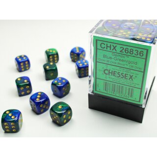 Chessex: Blue-Green w/gold Gemini™ 12mm d6 with pips Dice Blocks™ (36 Dice)