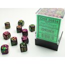 Chessex: Green-Purple w/gold Gemini? 12mm d6 with pips...