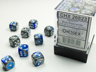 Chessex: Blue-Steel w/white Gemini™ 12mm d6 with pips Dice Blocks™ (36 Dice)