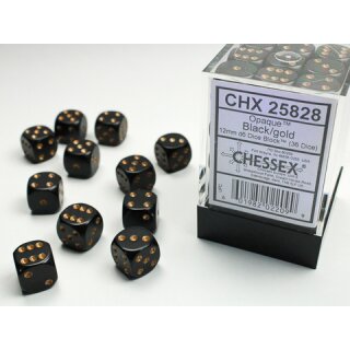 Chessex: Black w/gold Opaque 12mm d6 with pips Dice Blocks? (36 Dice)