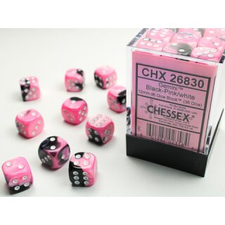 Chessex: Gemini® 12mm d6 Black-Pink/white Dice Block? (36 dice)