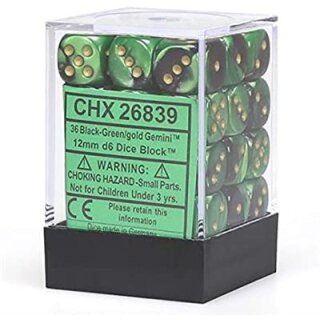 Chessex: Gemini® 12mm d6 Black-Green/gold Dice Block™ (36 dice)