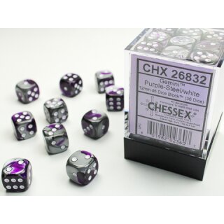 Chessex: Gemini® 12mm d6 Purple-Steel/white Dice Block (36 dice)
